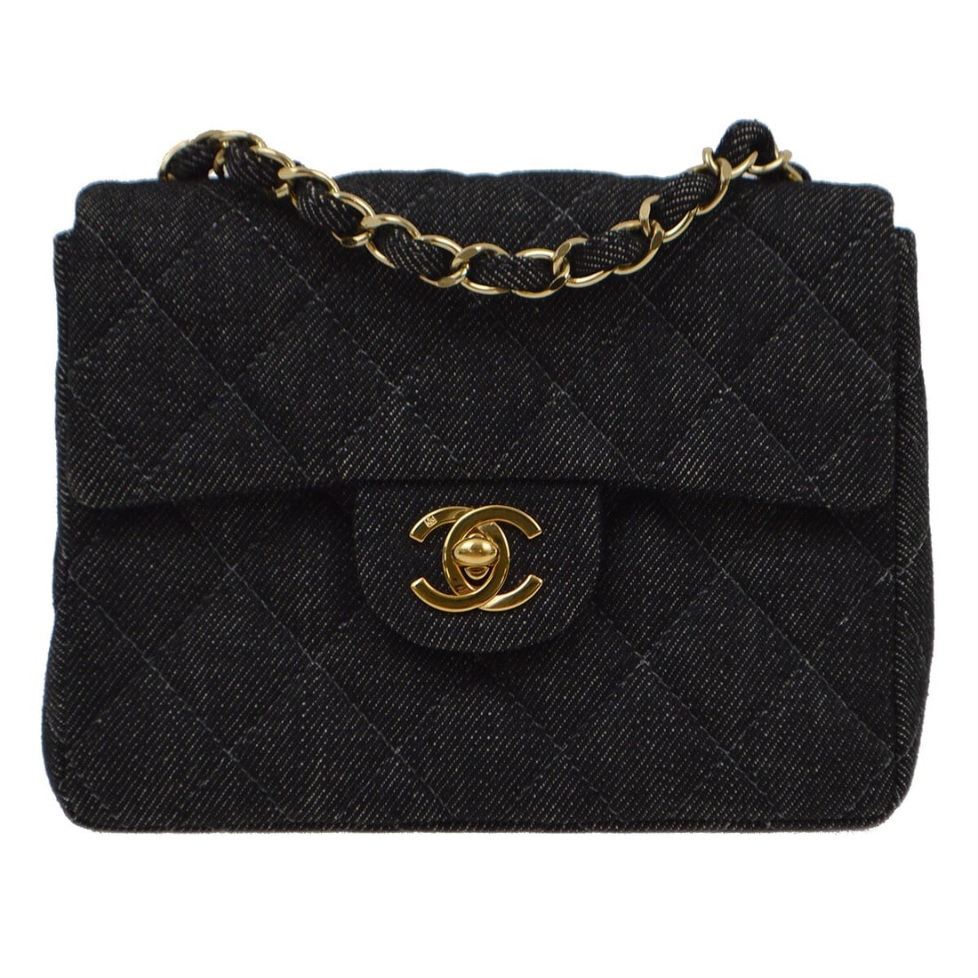 CHANEL Classic Flap Mini Square Denim Shoulder Bag Black: CHANEL Classic Flap Mini Square Denim Shoulder Bag Black Chanel Classic Flap Mini Square shoulder bag in black denim with a matelasse quilted exterior and flap turnlock closure. This small women's bag
