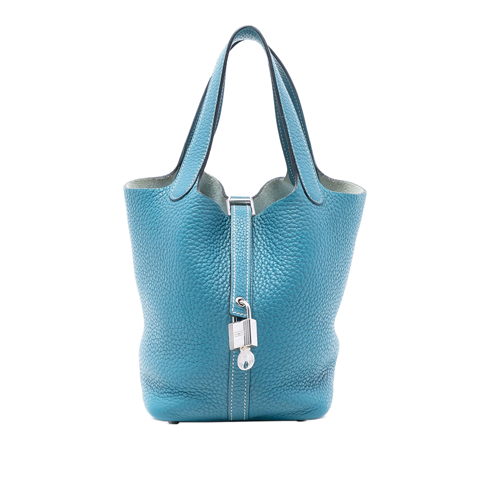 Hermes Picotin Lock 18 Blue Jean Clemence Leather Handbag France: Hermes Picotin Lock 18 Blue Jean Clemence Leather Handbag France The Hermes Clemence Picotin Lock 18 features a Blue Jean Clemence leather body with flat leather straps and a top strap and buckle clos