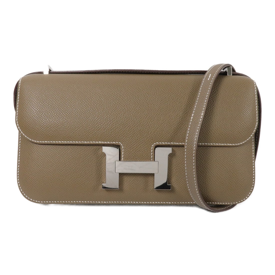 Hermes Constance Elan Epsom Calfskin Shoulder Bag Etoupe PHW: Hermes Constance Elan Epsom Calfskin Shoulder Bag Etoupe PHW Hermes Constance Elan shoulder bag in Veau Epsom leather, presented in Etoupe/BrownxEtoupe. It features a flap closure, three open interior