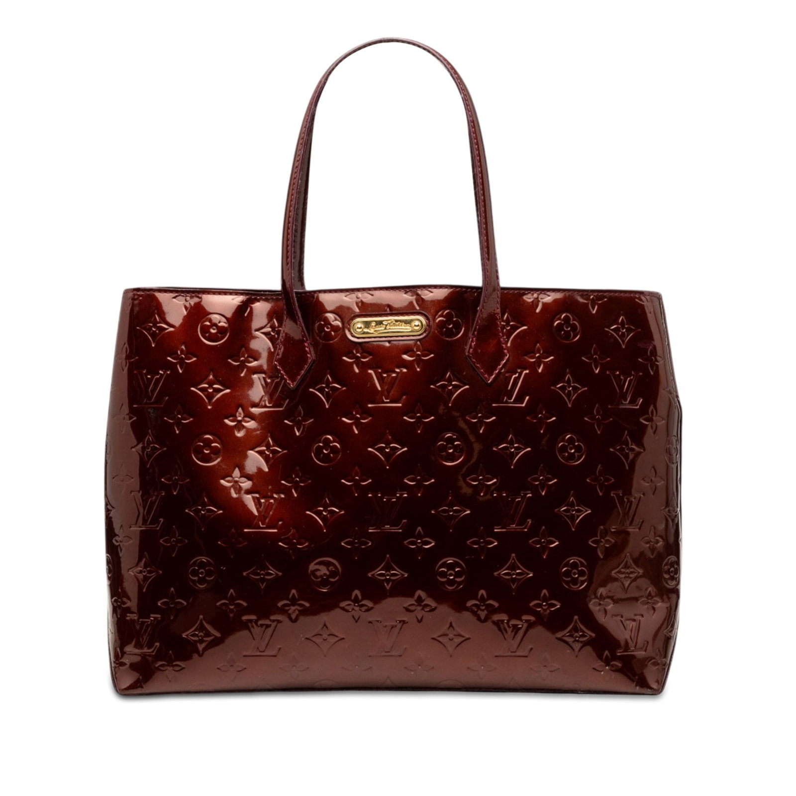 Louis Vuitton Wilshire MM Monogram Vernis leather handbag: Louis Vuitton Wilshire MM Monogram Vernis leather handbag Louis Vuitton Monogram Vernis Wilshire MM handbag in red vernis leather. This bag features flat leather handles, an open top with a lobster cl