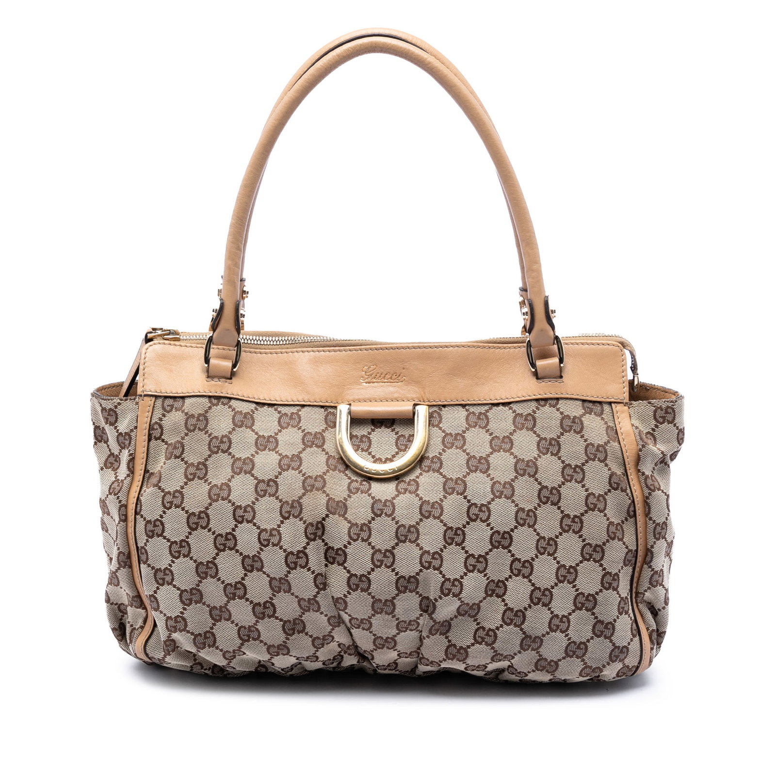 Gucci Abbey D Ring Tote in Beige GG Canvas: Gucci Abbey D Ring Tote in Beige GG Canvas Gucci GG Canvas Abbey D Ring Tote in beige fabric with leather trim and rolled leather straps. The bag features a top zip closure, along with interior zip an