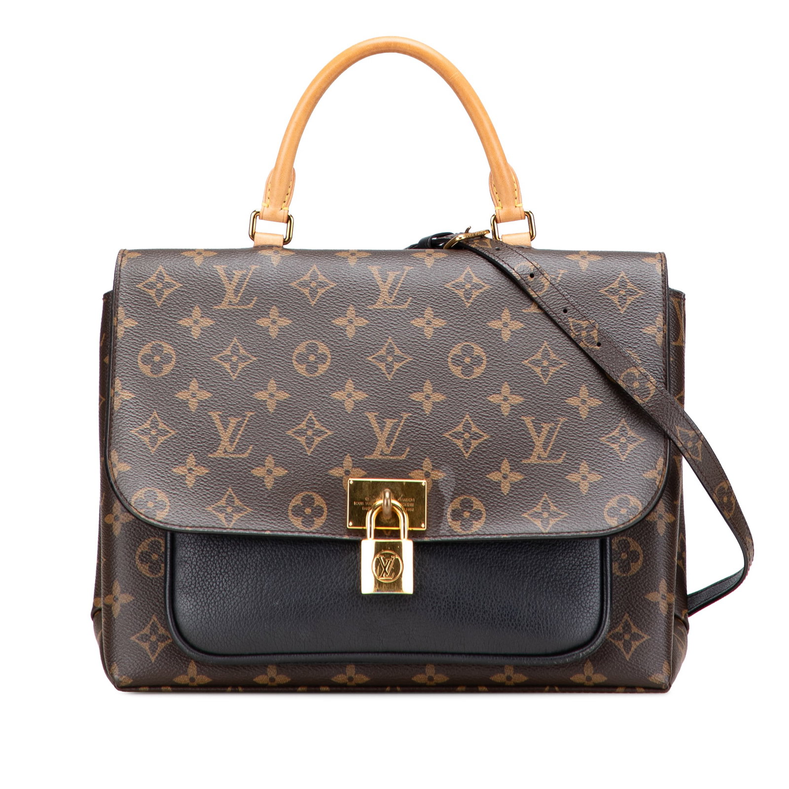 Louis Vuitton Monogram Marignan Bag with Leather Trim: Louis Vuitton Monogram Marignan Bag with Leather Trim The Louis Vuitton Monogram Marignan is an elegant bag crafted from durable monogram canvas with refined leather trim. It features a rolled vachett