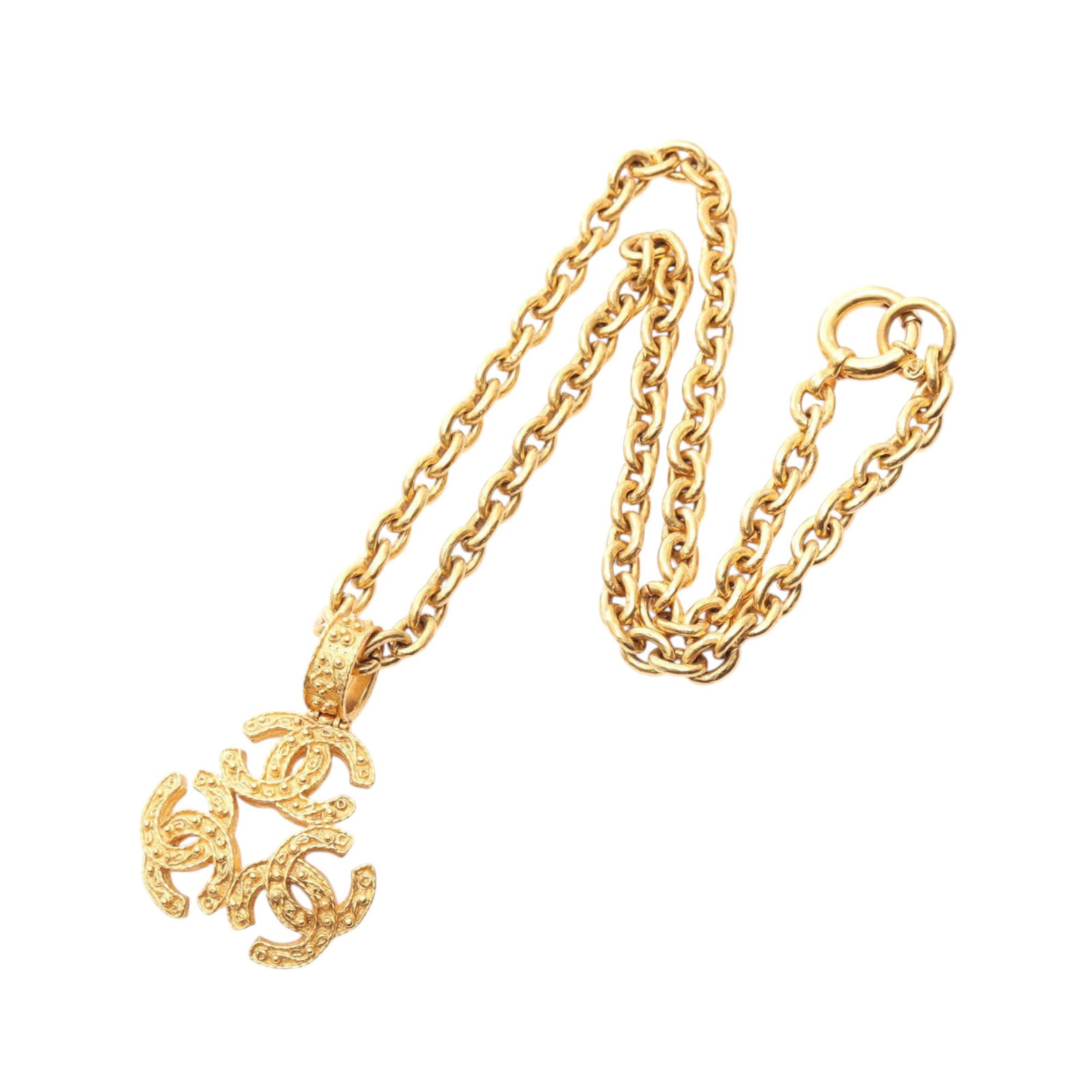 Chanel Costume Necklace with Gold Plated Triple CC Pendant: Chanel Costume Necklace with Gold Plated Triple CC Pendant This Chanel necklace features a gold-plated metal body with a striking triple CC pendant and a spring ring closure. The necklace is categoriz