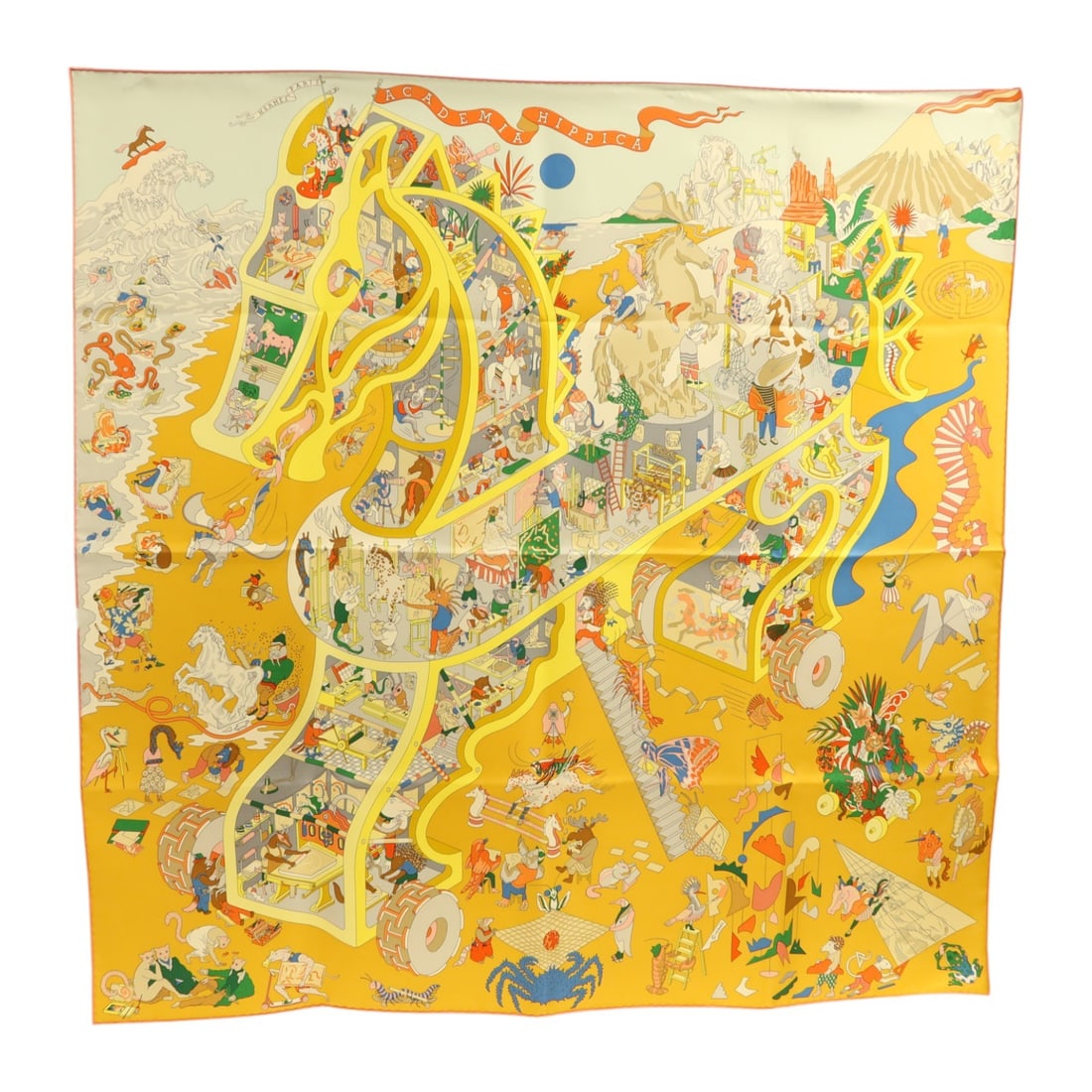 Hermes Silk Scarf 90 x 90 cm Yellow Pink Multicolor: Hermes Silk Scarf 90 x 90 cm Yellow Pink Multicolor A Hermes 90 x 90 scarf made of silk in yellow, pink, and multicolor tones. Designed for women, it comes with a storage box and is described as being