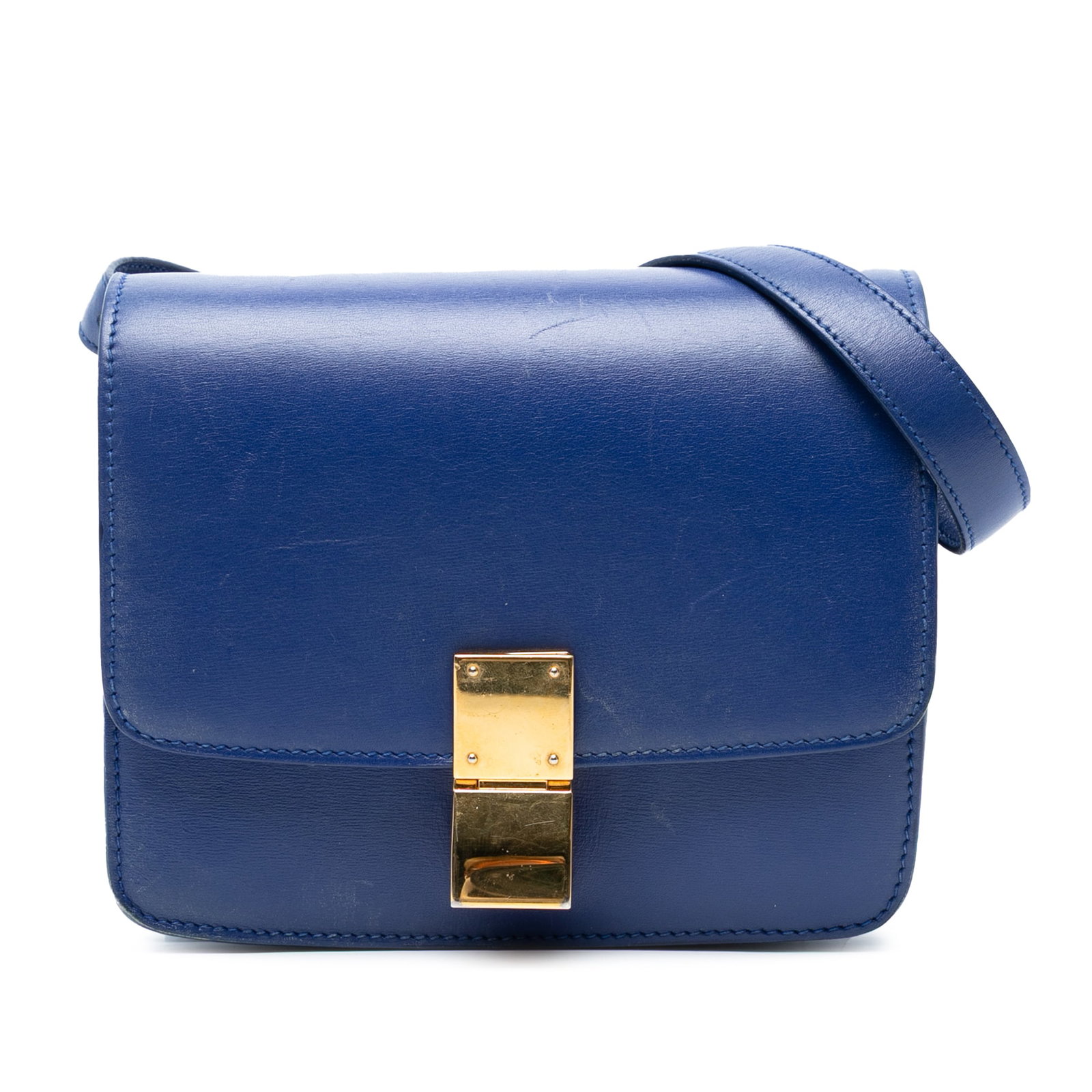Celine Small Calfskin Classic Box Blue Leather Bag: Celine Small Calfskin Classic Box Blue Leather Bag The Celine Small Calfskin Classic Box is a stylish and versatile bag crafted from high-quality leather. It features a flat leather shoulder strap for