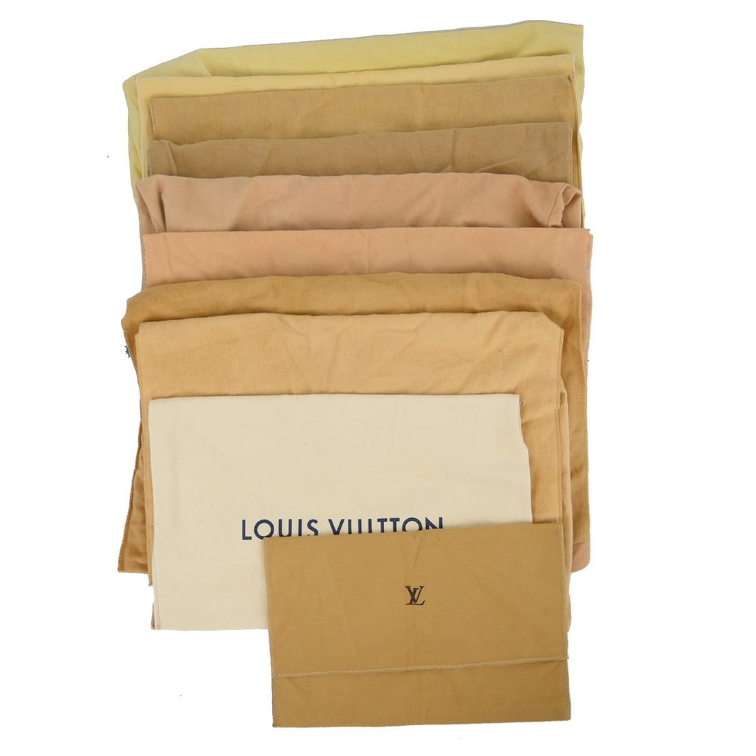 Set of 10 Louis Vuitton cotton dust bags brown beige: Set of 10 Louis Vuitton cotton dust bags brown beige Set of 10 Louis Vuitton dust bags in brown and beige cotton. These unisex dust bags show overall signs of use with reasonable wear and tear. The se