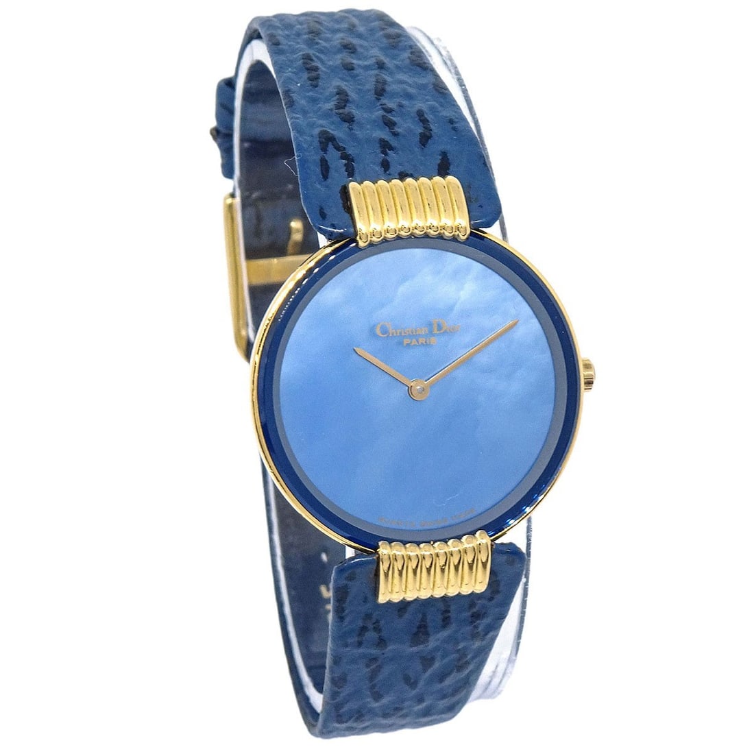Dior Bagheera 46153 women's quartz wristwatch blue dial gold plated: Dior Bagheera 46153 women's quartz wristwatch blue dial gold plated Christian Dior Bagheera quartz wristwatch with a gold plated case and classic styling. It features a blue leather band, blue dial, a