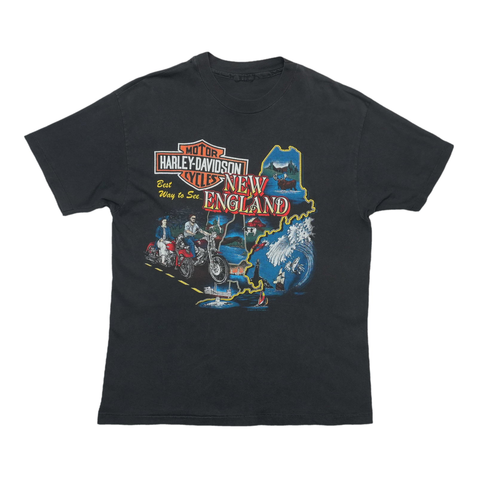 Vintage 1989 Harley Davidson New England Graphic Tee: Vintage 1989 Harley Davidson New England Graphic Tee This is an original vintage 1989 Harley Davidson "Best Way to See New England" shirt, featuring front and back graphics. The shirt is made from 100