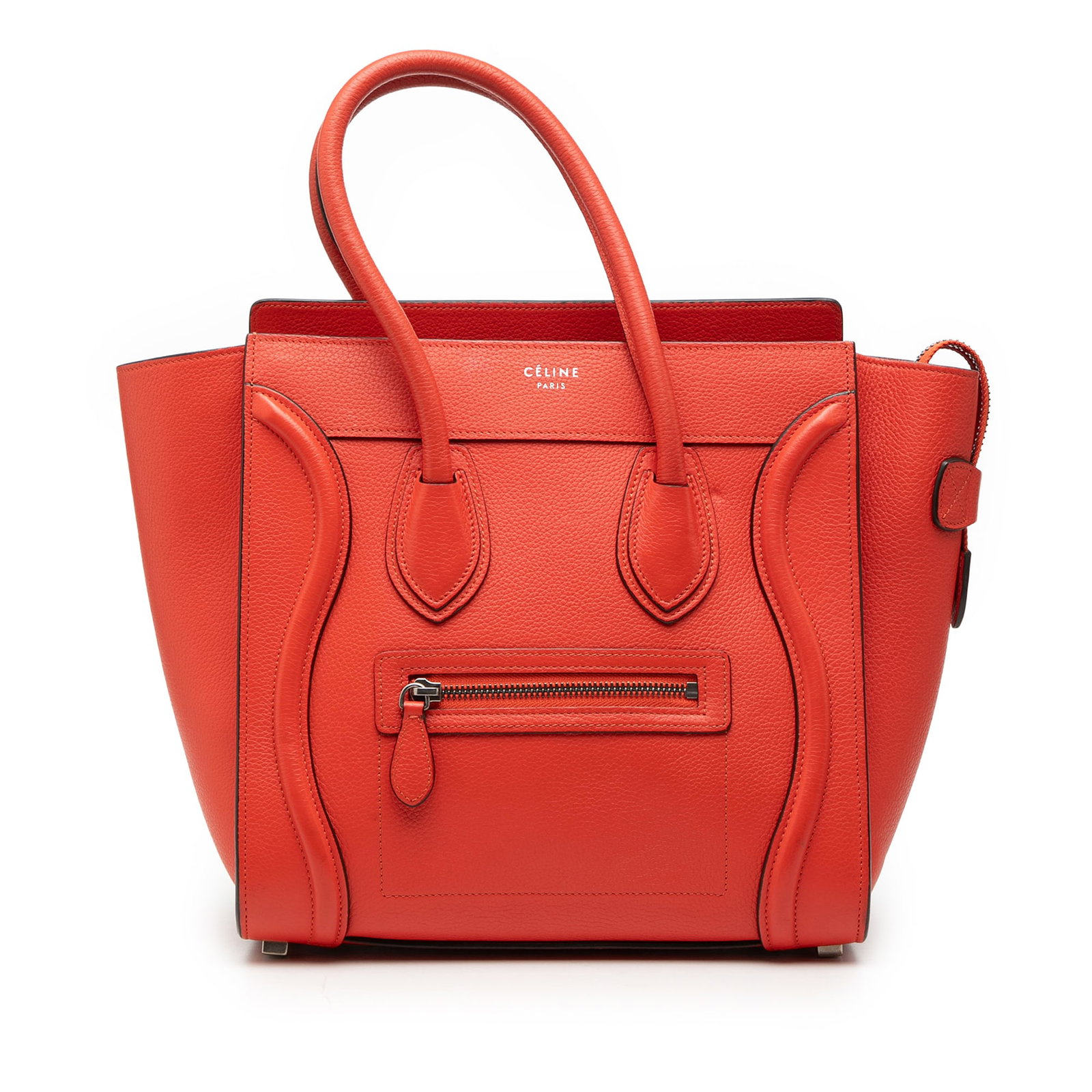 Celine Micro Luggage Tote Orange Leather: Celine Micro Luggage Tote Orange Leather This Celine Micro Leather Luggage Tote is crafted from orange leather and features rolled leather handles, a top zip closure, an exterior front zip pocket, and