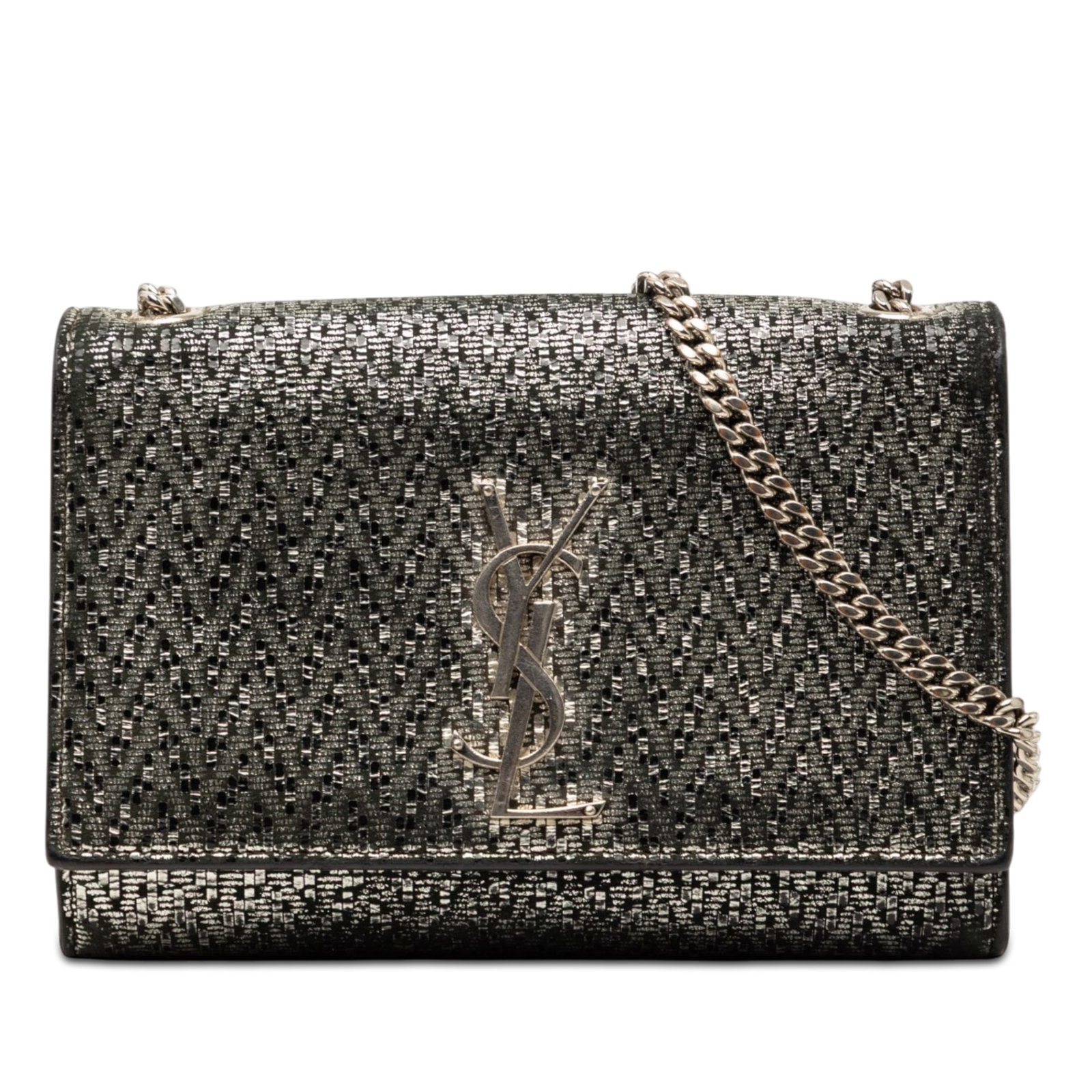 Saint Laurent Kate Small Metallic Chevron Calfskin Crossbody Bag: Saint Laurent Kate Small Metallic Chevron Calfskin Crossbody Bag Saint Laurent Small Metallic Chevron Calfskin Monogram Kate crossbody bag in silver metallic leather. This crossbody features a chevron