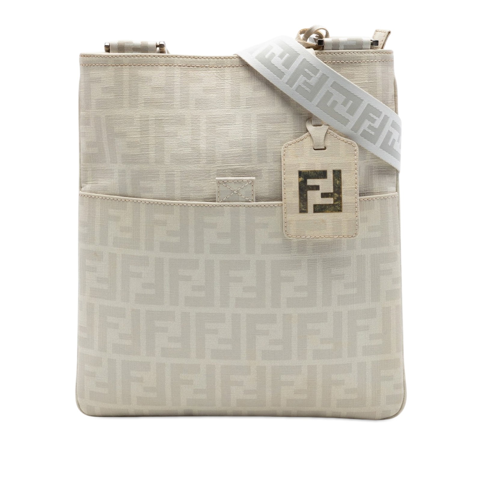 Fendi Zucca Spalmati coated canvas crossbody bag: Fendi Zucca Spalmati coated canvas crossbody bag Fendi Zucca Spalmati crossbody bag in beige fabric with leather trim. This bag features an adjustable flat nylon strap, top zip closure, an exterior fr