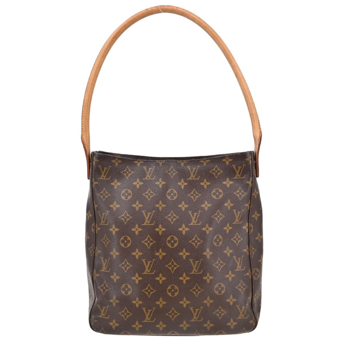Louis Vuitton Looping GM Monogram Shoulder Bag M51145: Louis Vuitton Looping GM Monogram Shoulder Bag M51145 Vintage Louis Vuitton Looping GM shoulder bag in brown Monogram canvas with leather trim and a beige leather strap. The interior includes one zipp