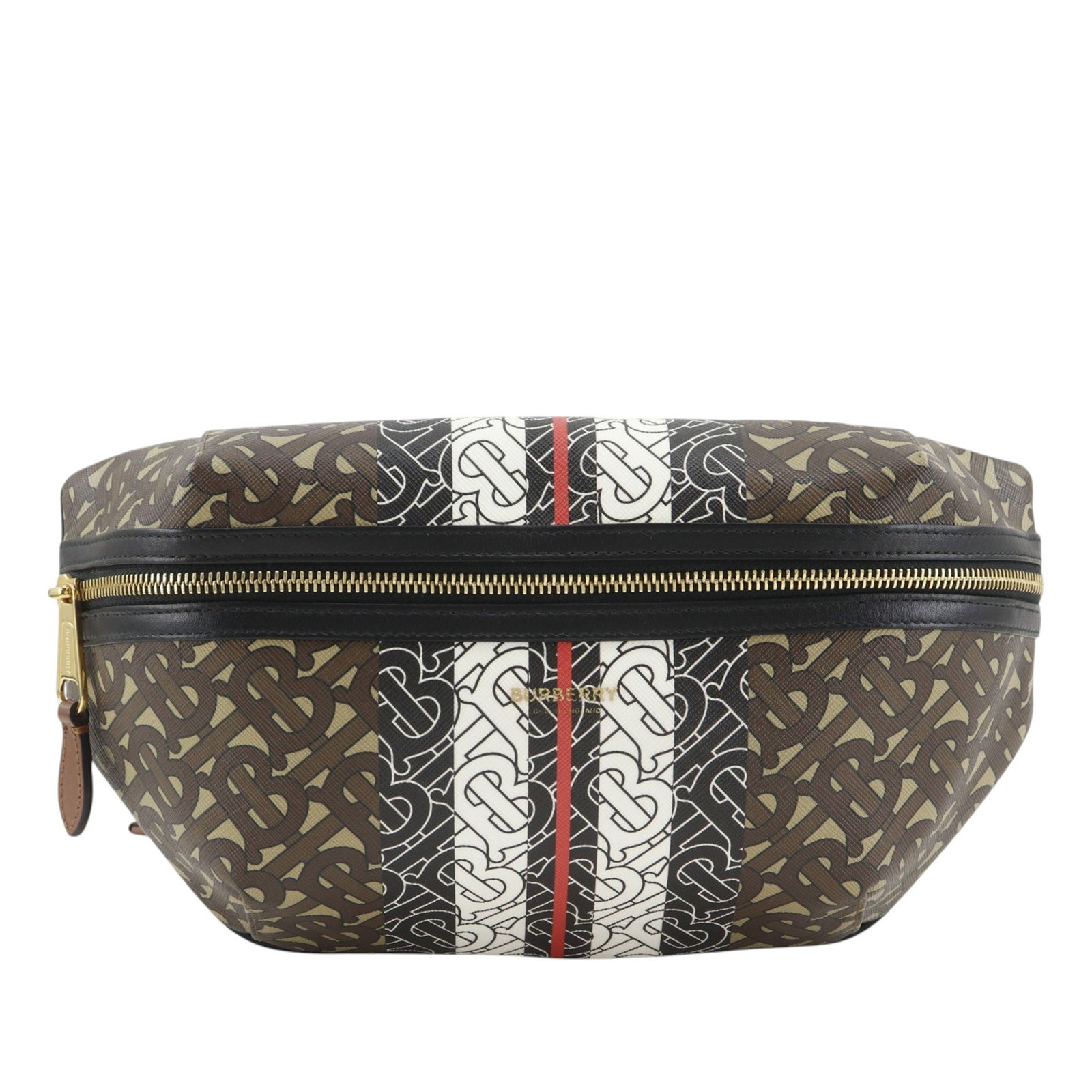 Burberry Monogram Stripe E Canvas Waist Bag Brown Fabric: Burberry Monogram Stripe E Canvas Waist Bag Brown Fabric Burberry Monogram Stripe E-Canvas Belt Bag with a coated canvas body, adjustable flat waist strap, exterior back zip pocket, and front zip clos