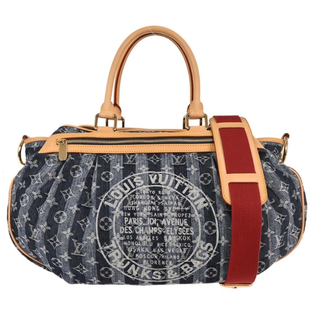 Louis Vuitton Cabas Raye GM Monogram Denim Tote with Strap M95336: Louis Vuitton Cabas Raye GM Monogram Denim Tote with Strap M95336 Vintage Louis Vuitton Cabas Raye GM 2-way tote in blue Monogram denim with leather trim and a beige Alcantara lining. This large women