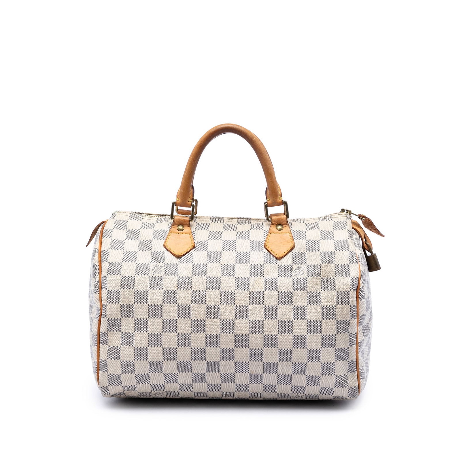 Louis Vuitton Speedy 30 Damier Azur handbag: Louis Vuitton Speedy 30 Damier Azur handbag Louis Vuitton Speedy 30 in Damier Azur canvas with rolled vachetta leather handles, a top zip closure, and an interior pocket. Made in France. Condition B+ 