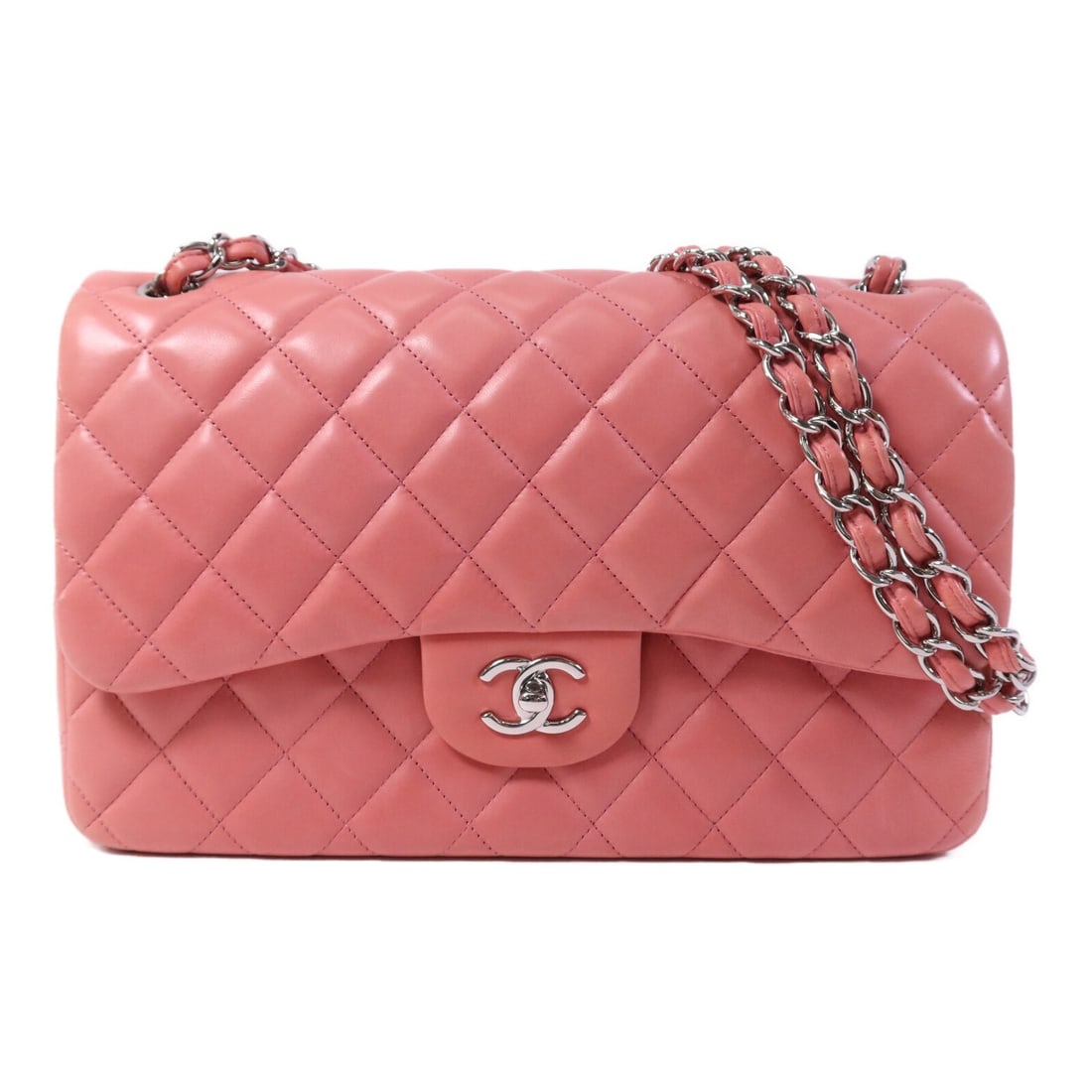 CHANEL Large Classic Chain Shoulder Bag Pink Lambskin CC SHW: CHANEL Large Classic Chain Shoulder Bag Pink Lambskin CC SHW A CHANEL Large Classic Chain Shoulder Bag in pink lambskin leather with silver-tone hardware. The bag features a turn lock closure, one out