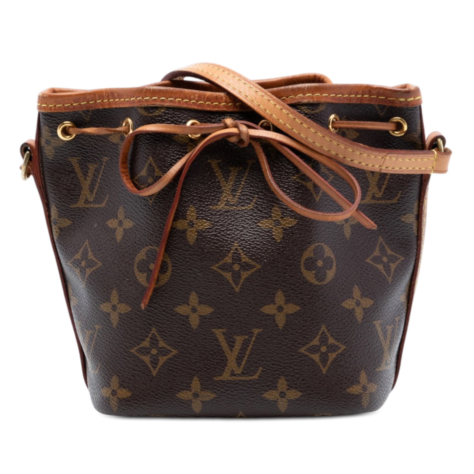 Louis Vuitton Nano Noe Monogram Canvas Drawstring Bag: Louis Vuitton Nano Noe Monogram Canvas Drawstring Bag This Louis Vuitton Monogram Nano Noe bag features the iconic monogram canvas with vachetta leather trim and a flat vachetta leather strap. It has 
