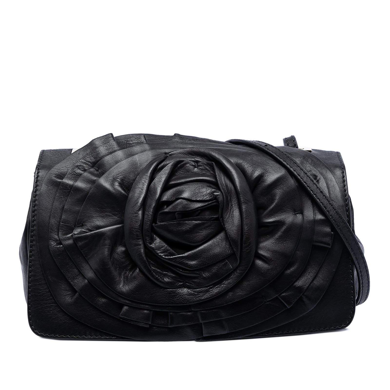Valentino Petale Rose Nappa Leather Flap Shoulder Bag Black: Valentino Petale Rose Nappa Leather Flap Shoulder Bag Black Valentino Nappa Petale Rose Shoulder Bag in black leather, made in Italy. It features a nappa leather body, an adjustable flat leather strap
