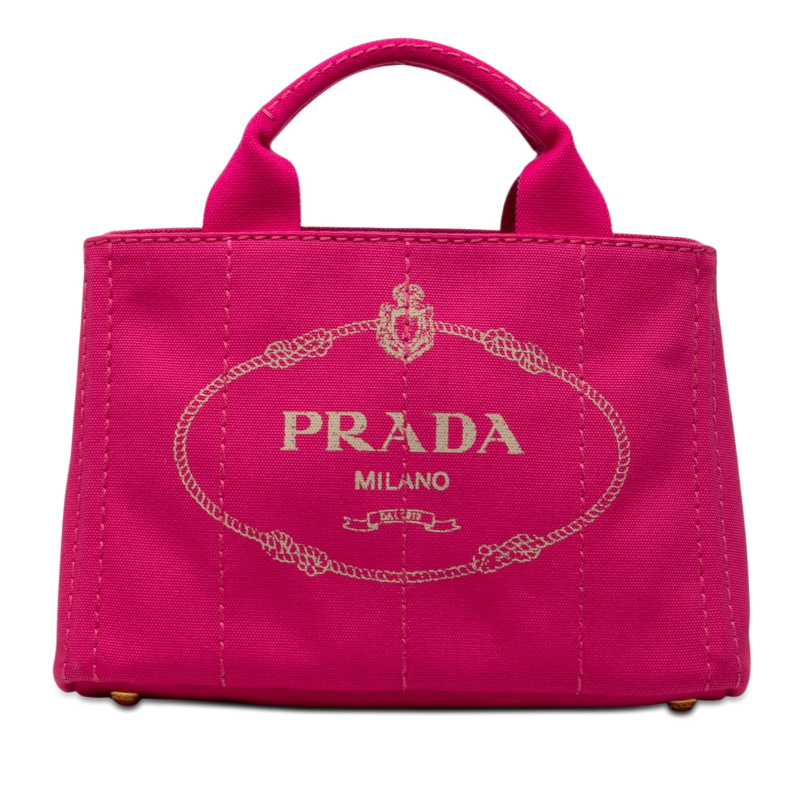 Prada Canapa Logo Tote Small Pink Canvas Satchel: Prada Canapa Logo Tote Small Pink Canvas Satchel Prada small Canapa logo tote in pink canvas with rolled canvas handles, an open top with side snap closures, and an interior with zip and slip pockets.