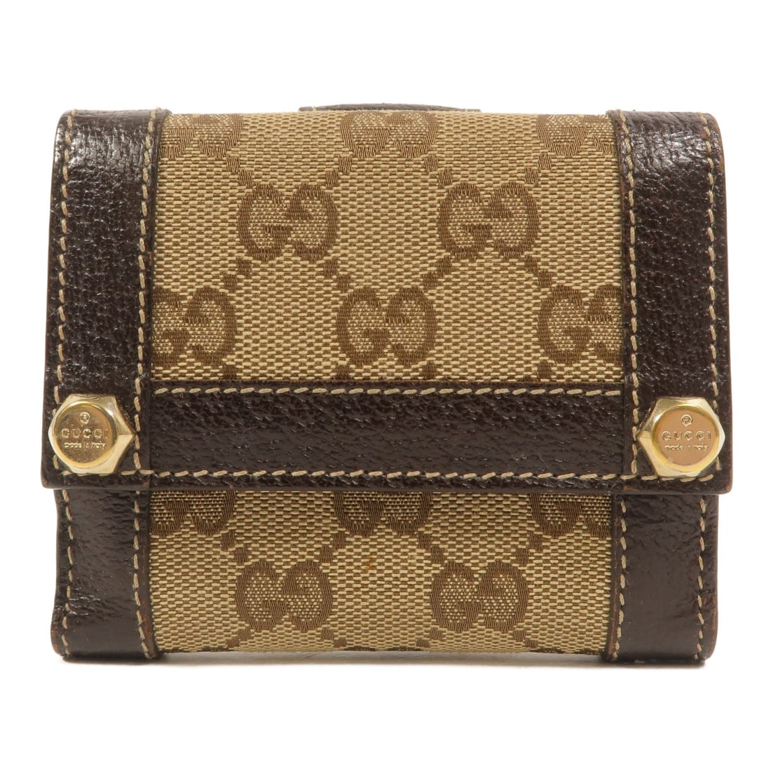 Gucci 154119 GG bifold wallet brown canvas calfskin leather: Gucci 154119 GG bifold wallet brown canvas calfskin leather A Gucci bifold wallet in brown GG canvas with calfskin leather details. It features a hook button closure, two open sections, six card slots