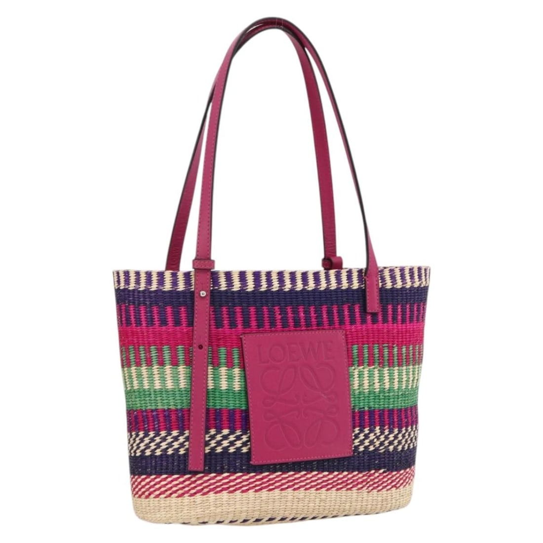 LOEWE Anagram Raffia Leather Tote Pink Multicolor Spain: LOEWE Anagram Raffia Leather Tote Pink Multicolor Spain A LOEWE Anagram tote bag in pink and multicolor, presented in a raffia leather style with wood material noted in the description. It is made in 