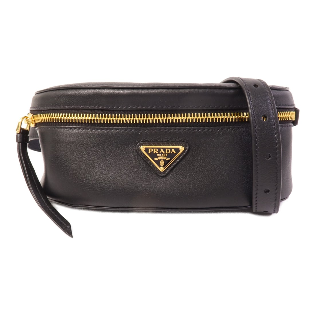 Prada black calfskin body bag with gold tone hardware: Prada black calfskin body bag with gold tone hardware This PRADA waist bag/body bag is crafted from black calfskin (cowhide) leather and made in Italy. It features a compact regular-size design with a