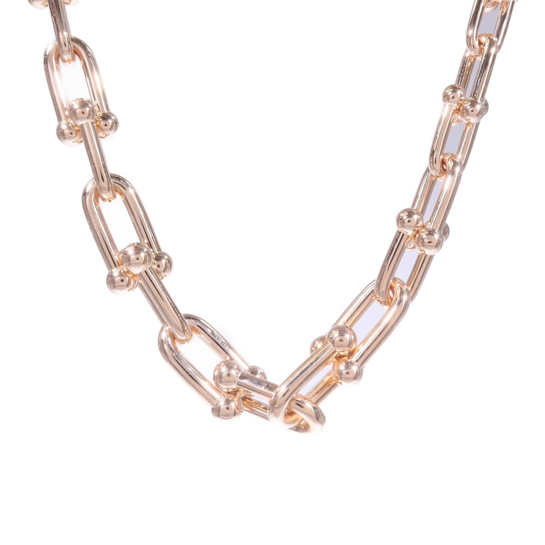 18K Rose Gold Necklace Tiffany and Co HardWear Graduated: 18K Rose Gold Necklace Tiffany and Co HardWear Graduated A graduated necklace in 18K pink gold with a gold color finish. The piece is listed in very good AB condition and comes with storage bags. Spec
