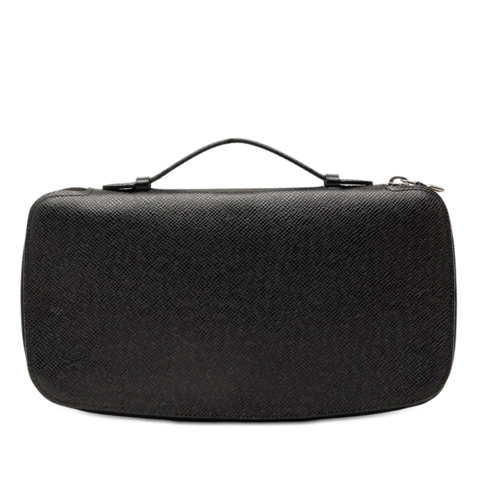 Louis Vuitton Taiga black leather zip organizer: Louis Vuitton Taiga black leather zip organizer This Louis Vuitton Taiga Atoll Organizer features a black taiga leather body with a flat handle and a zip-around closure. The interior is designed with 