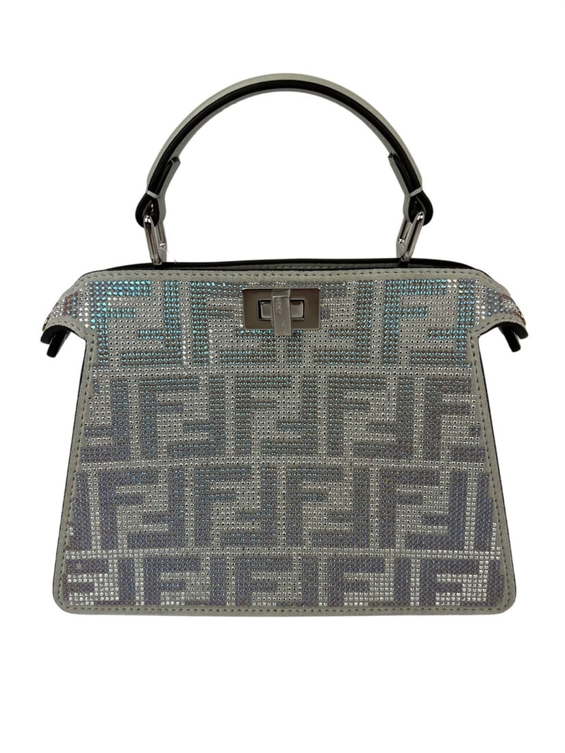 Fendi Peekaboo ISeeU silver leather crystal satchel with strap: Fendi Peekaboo ISeeU silver leather crystal satchel with strap This Fendi Peekaboo ISeeU Petite satchel features a rectangular silhouette crafted from iridescent silver leather with crystal accents. I