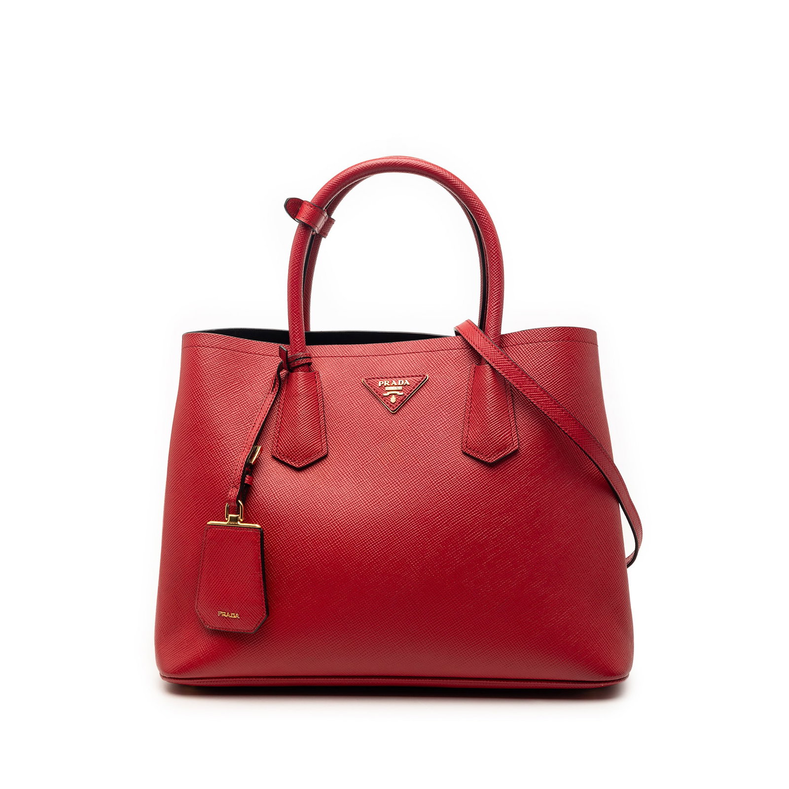 Prada red saffiano leather medium satchel with shoulder strap: Prada red saffiano leather medium satchel with shoulder strap This Prada Medium Saffiano Cuir Double Satchel is crafted from saffiano leather in a striking red color. It features rolled leather handle