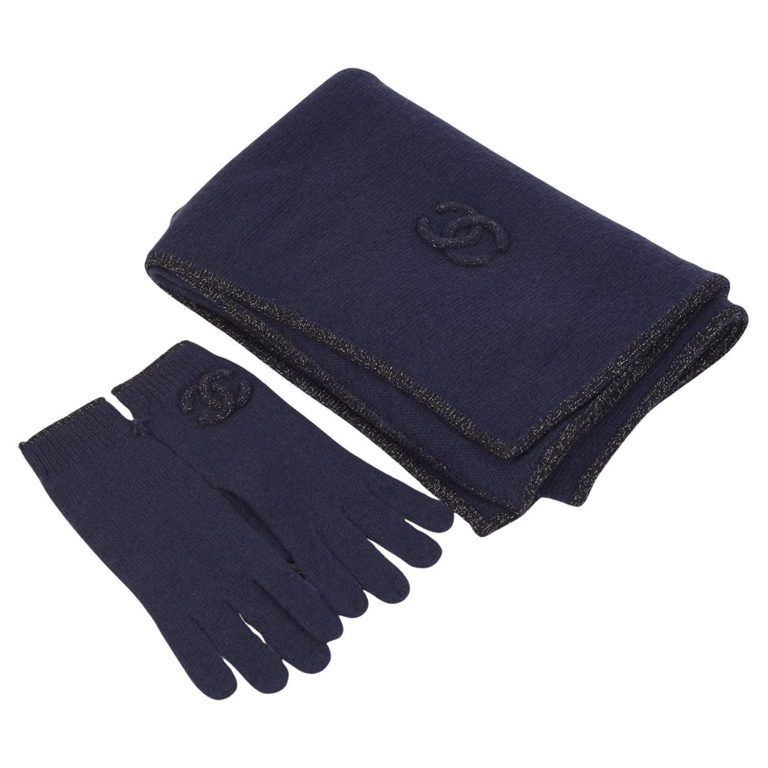 Chanel Navy Lurex Cashmere Scarf and Glove Set Italy: Chanel Navy Lurex Cashmere Scarf and Glove Set Italy Elevate your winter wardrobe with this luxurious Chanel Navy Lurex Cashmere Scarf & Glove Set. This exquisite accessory set features a rich dark bl