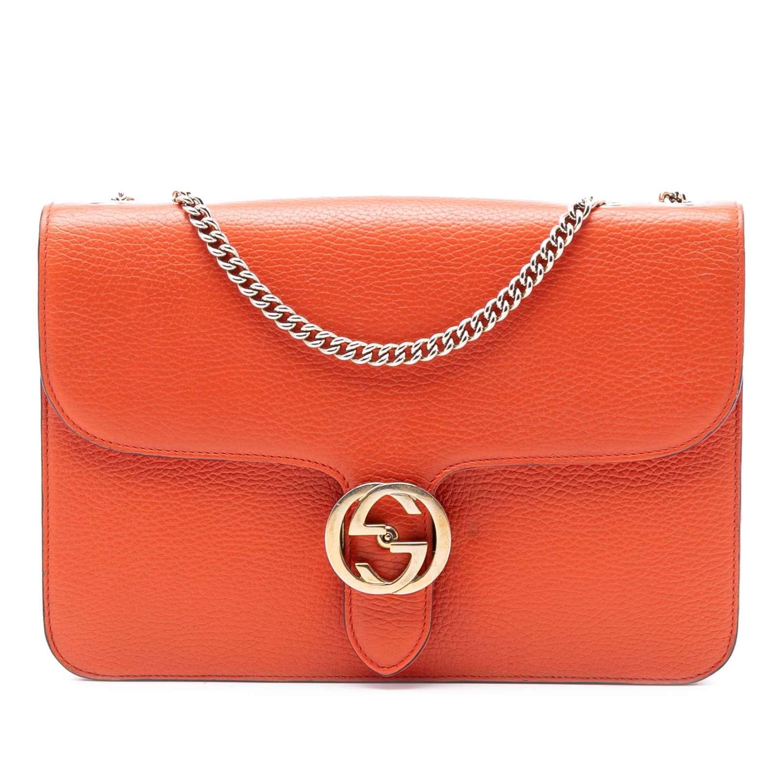 Gucci Interlocking G Medium Orange Leather Crossbody Bag with Chain Strap: Gucci Interlocking G Medium Orange Leather Crossbody Bag with Chain Strap This Gucci Medium Dollar Calfskin Interlocking G Crossbody bag is crafted from orange leather and features a chain link strap 