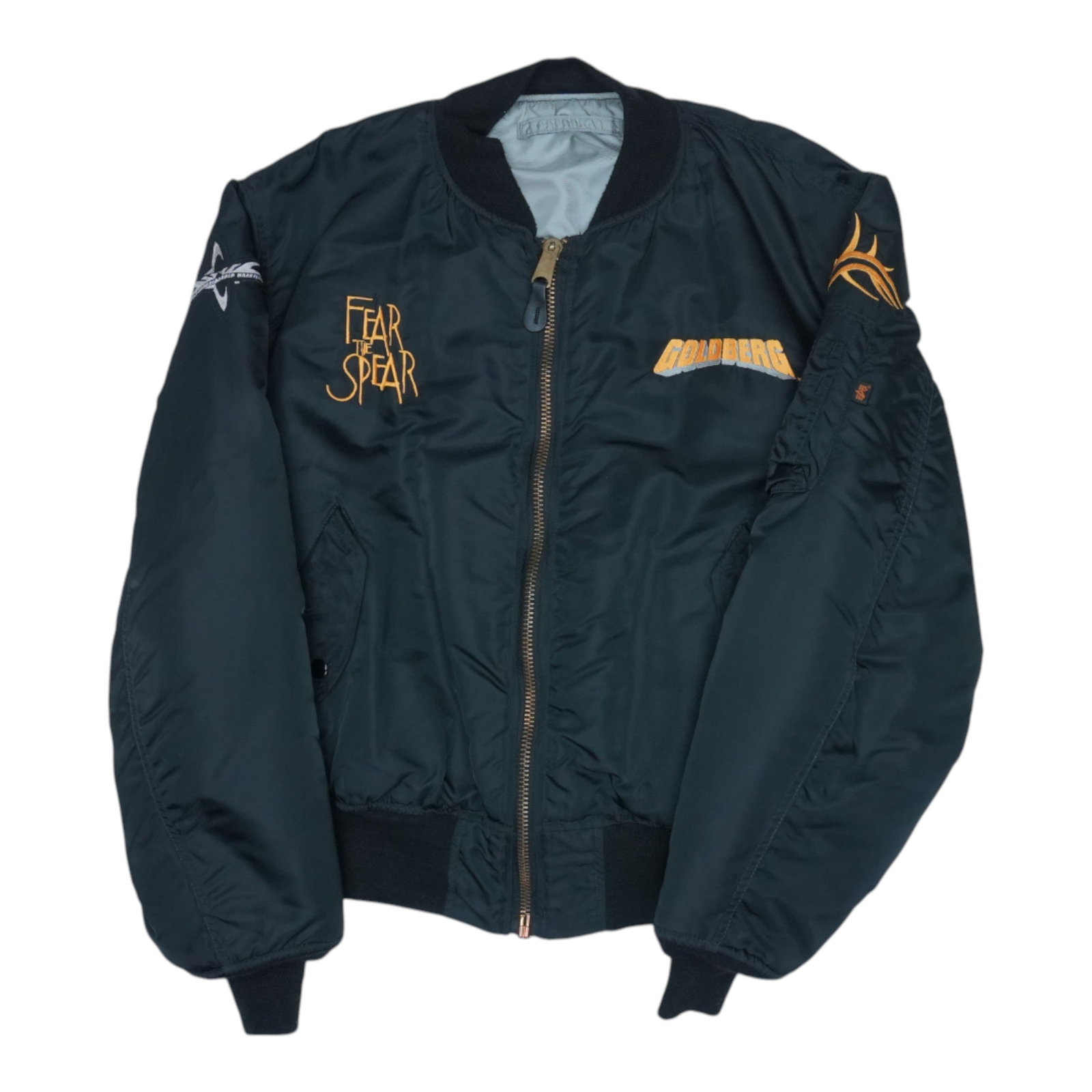 Vintage 1990s Goldberg Fear The Spear Black Bomber Jacket With Graphics (1 of 4)