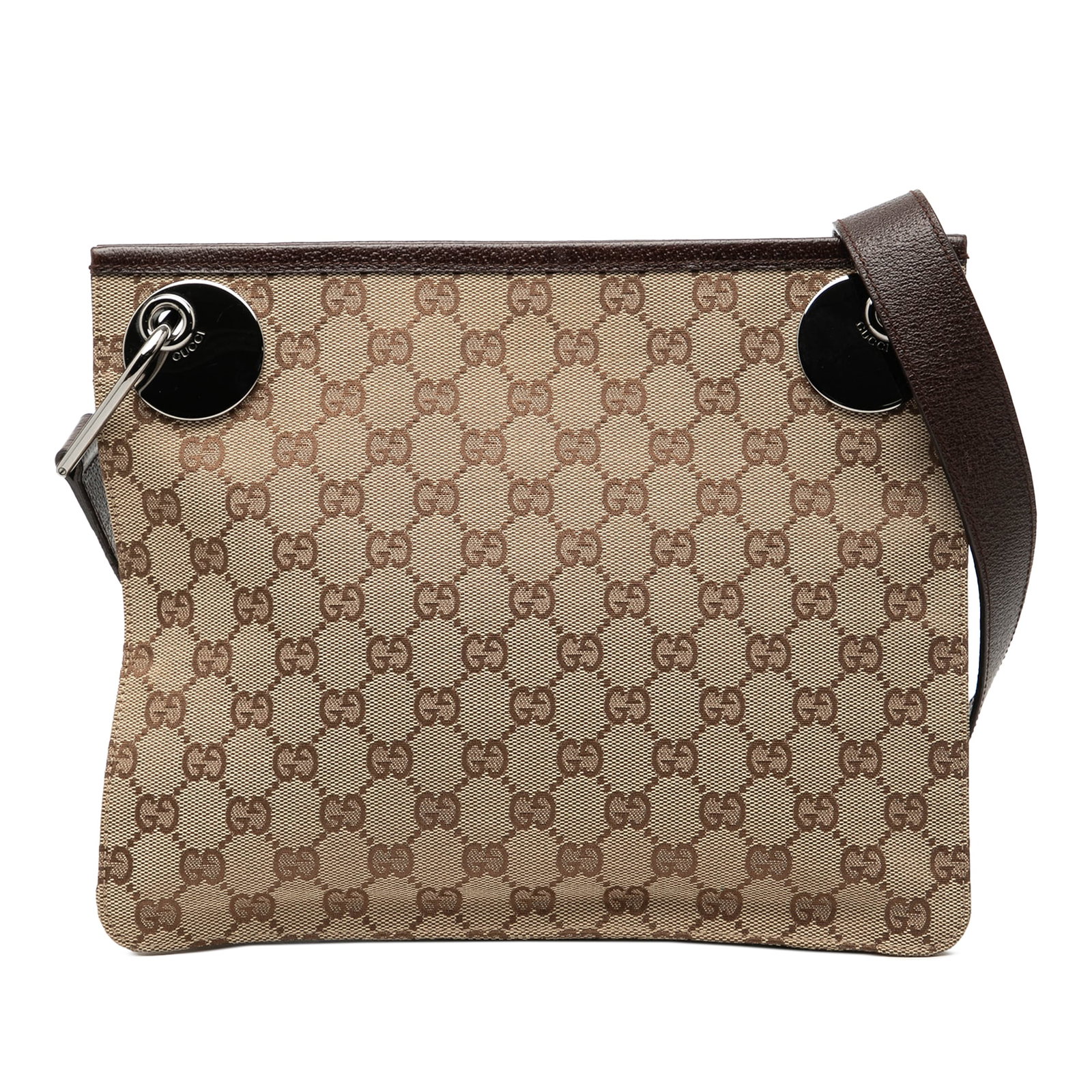 Gucci GG Canvas Eclipse Beige Crossbody Bag with Leather Trim: Gucci GG Canvas Eclipse Beige Crossbody Bag with Leather Trim This Gucci GG Canvas Eclipse Crossbody bag features a beige canvas body with leather trim, an adjustable flat leather strap, a top magneti