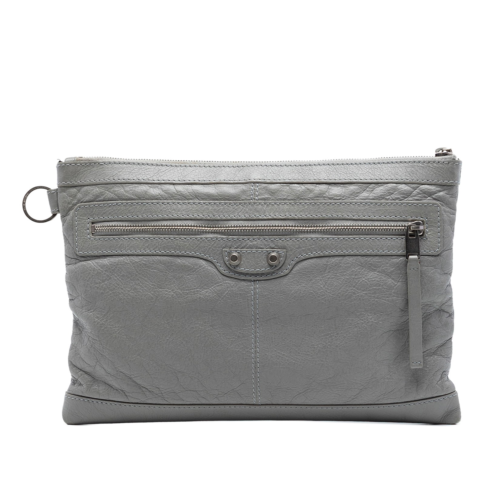 Balenciaga lambskin leather zip clutch with front pocket: Balenciaga lambskin leather zip clutch with front pocket This Balenciaga Lambskin Motocross Classic Clip M Clutch is crafted from gray lambskin leather and features a top zip closure along with an ext