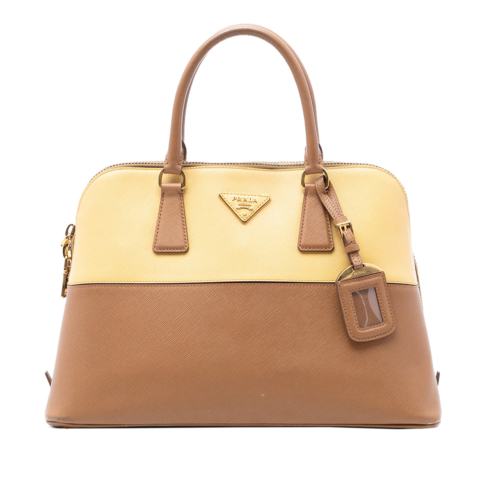 Prada Promenade Medium Bicolor Saffiano Leather Satchel: Prada Promenade Medium Bicolor Saffiano Leather Satchel Prada Medium Bicolor Saffiano Lux Promenade Satchel crafted in leather with rolled leather handles and a top zip closure. The interior includes 