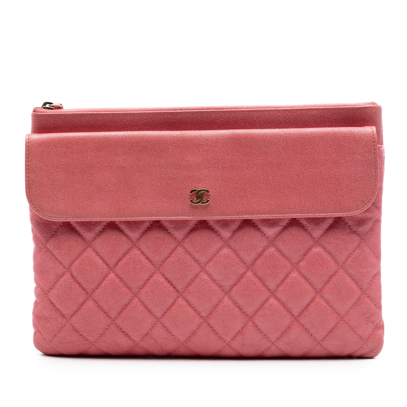 Chanel pink quilted caviar cosmetic clutch flap pocket: Chanel pink quilted caviar cosmetic clutch flap pocket This Chanel Medium Iridescent Quilted Caviar Flap Cosmetic Case features a quilted leather exterior in pink, a top zip closure, an exterior flap 