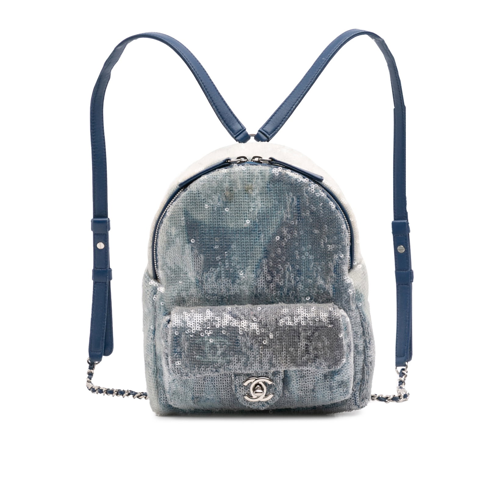 Chanel Sequin Waterfall Backpack Blue Fabric Italy: Chanel Sequin Waterfall Backpack Blue Fabric Italy Introducing the Chanel Sequin Waterfall Backpack, a stunning blend of style and functionality. This backpack showcases a fabric body adorned with shi