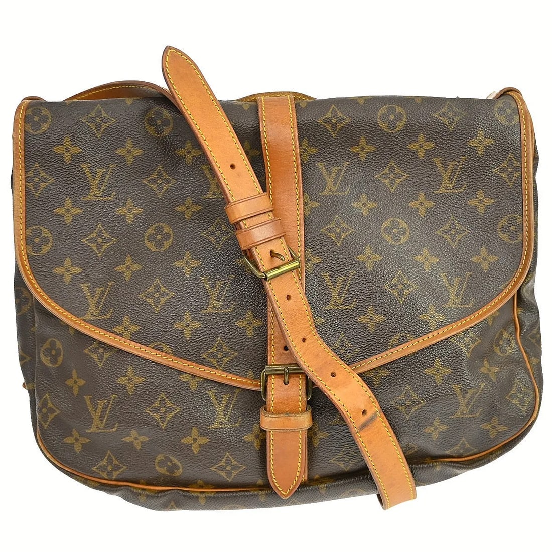 Louis Vuitton Saumur Unisex Brown Canvas Shoulder Bag: Louis Vuitton Saumur Unisex Brown Canvas Shoulder Bag Louis Vuitton Saumur in brown canvas, designed as a unisex bag. This piece is in good condition with visible wear, including scuffs, scratches, cr