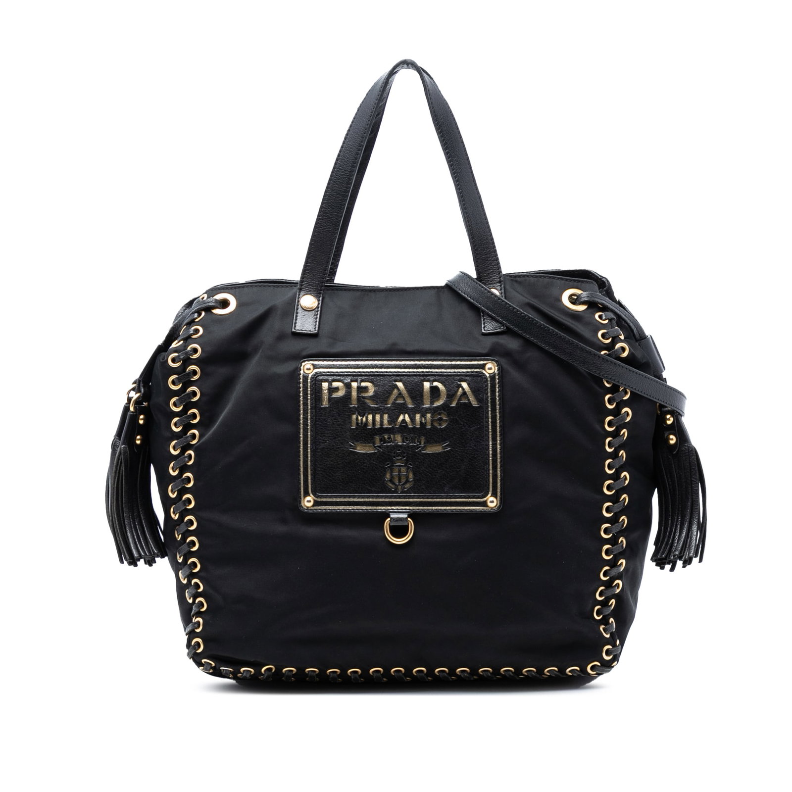 Prada Tessuto Black Nylon Satchel with Whipstitch and Tassel Detail: Prada Tessuto Black Nylon Satchel with Whipstitch and Tassel Detail This Prada Tessuto Whipstitched Logo Oro Tassel Satchel features a black nylon body with flat leather handles and a detachable flat 