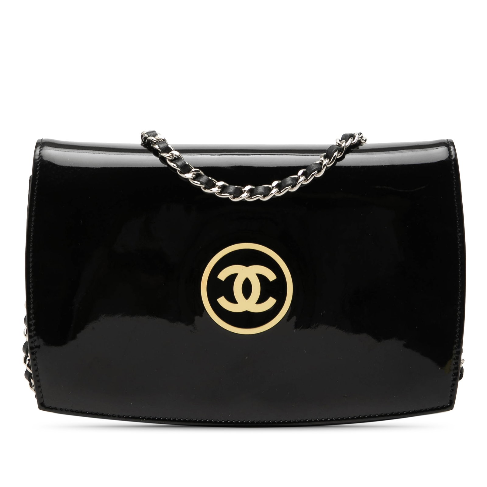 Chanel CC Compact Wallet on Chain in Black Patent Leather: Chanel CC Compact Wallet on Chain in Black Patent Leather This Chanel CC Patent Compact Wallet On Chain is a black bag made in France, featuring a patent leather body with a leather woven chain strap.