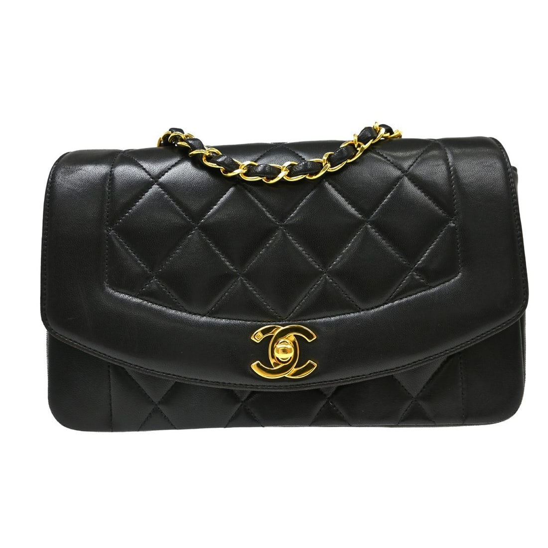 CHANEL Diana Small Black Lambskin Chain Shoulder Bag: CHANEL Diana Small Black Lambskin Chain Shoulder Bag Chanel Small Diana shoulder bag in black lambskin leather with a matelasse quilted exterior and flap turnlock closure. This small bag features a si