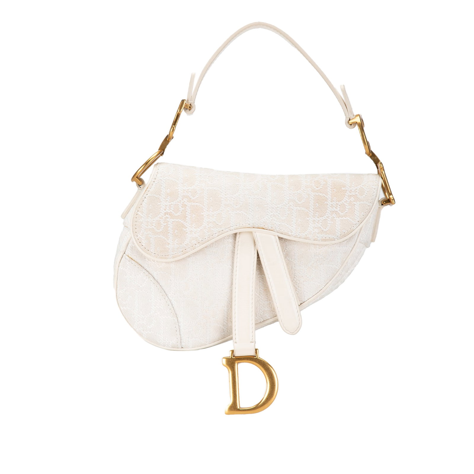 Dior White Mini Oblique Saddle Bag Canvas Leather Handle: Dior White Mini Oblique Saddle Bag Canvas Leather Handle This Dior Mini Oblique Canvas Saddle Bag is a stylish blend of luxury and functionality. Crafted from durable fabric, it features a canvas body