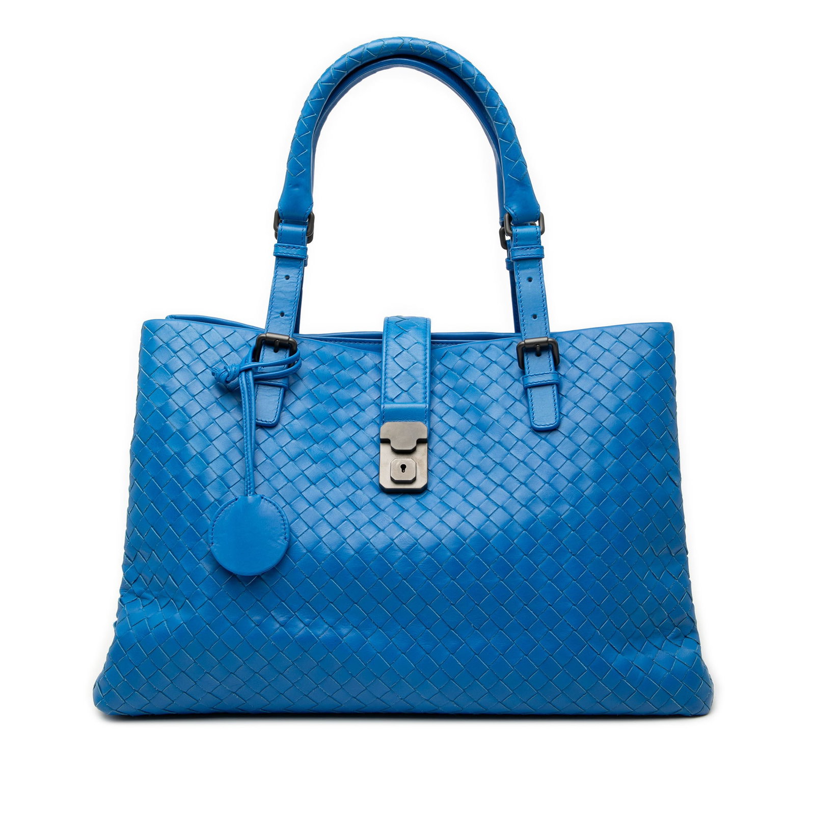Bottega Veneta Roma Blue Woven Nappa Leather Medium Tote Bag: Bottega Veneta Roma Blue Woven Nappa Leather Medium Tote Bag This Bottega Veneta Medium Nappa Intrecciato Roma Tote features a woven nappa leather body in blue, rolled leather handles, an open top wit