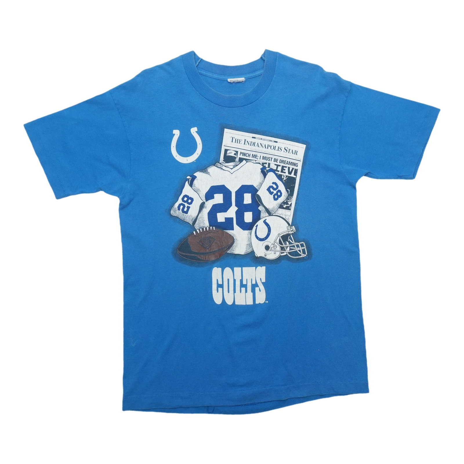 Vintage 1990s Colts Blue Cotton Graphic Shirt: Vintage 1990s Colts Blue Cotton Graphic Shirt This is an original vintage 1990s Indianapolis Colts "Pinch Me I Must Be Dreaming" shirt. It is not a modern reproduction. The shirt is made from 100% cot