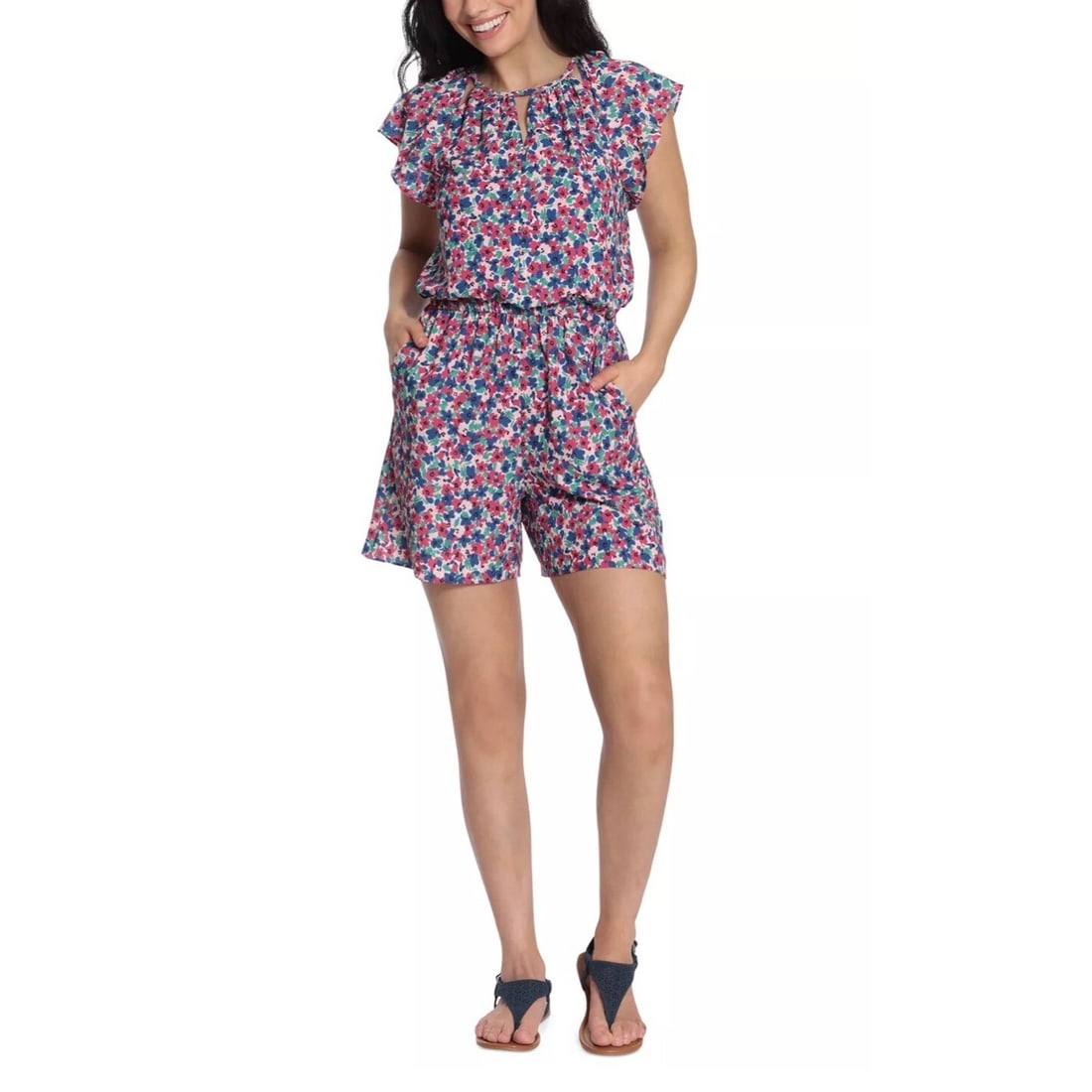 London Times Floral Petite Romper with Flutter Sleeves and Cutouts: London Times Floral Petite Romper with Flutter Sleeves and Cutouts Elevate your casual wardrobe with this stunning petite romper from London Times. Designed for comfort and style, it features a cinche
