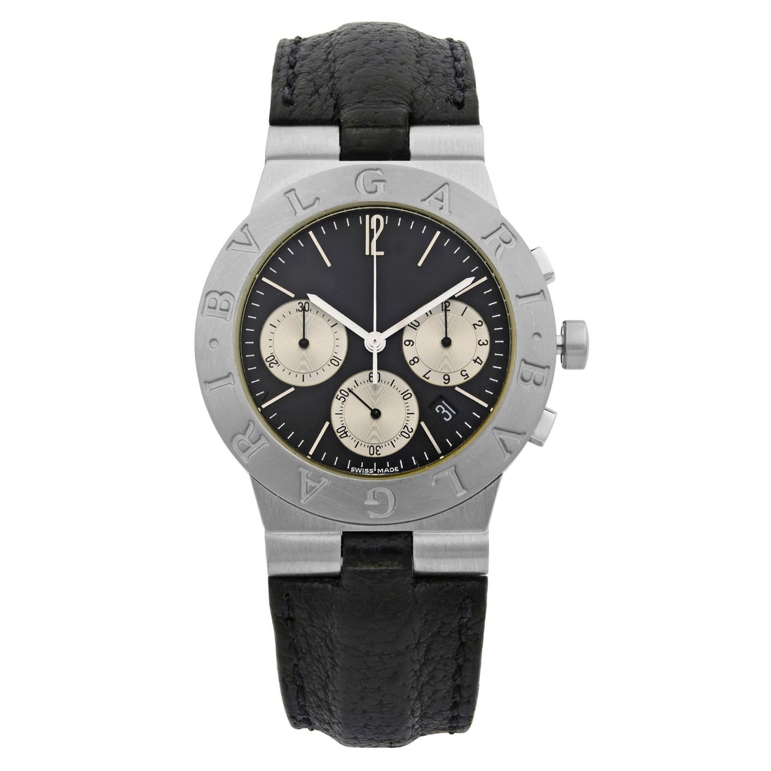Unisex 18k White Gold Diagono CHW35G Watch Black Dial by Bvlgari: Unisex 18k White Gold Diagono CHW35G Watch Black Dial by Bvlgari This pre-owned Bvlgari Diagono CHW35G is a unisex wristwatch featuring a 35 mm round case crafted from 18k white gold with a satin-fini