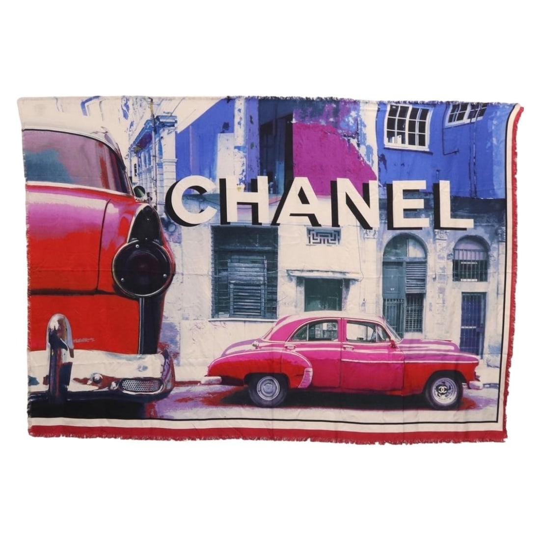 CHANEL Blue Silk Large Scarf Made in Italy: CHANEL Blue Silk Large Scarf Made in Italy Large-format CHANEL silk scarf in blue. This women's scarf is made in Italy and shows reasonable wear and tear consistent with condition rank B, including sl