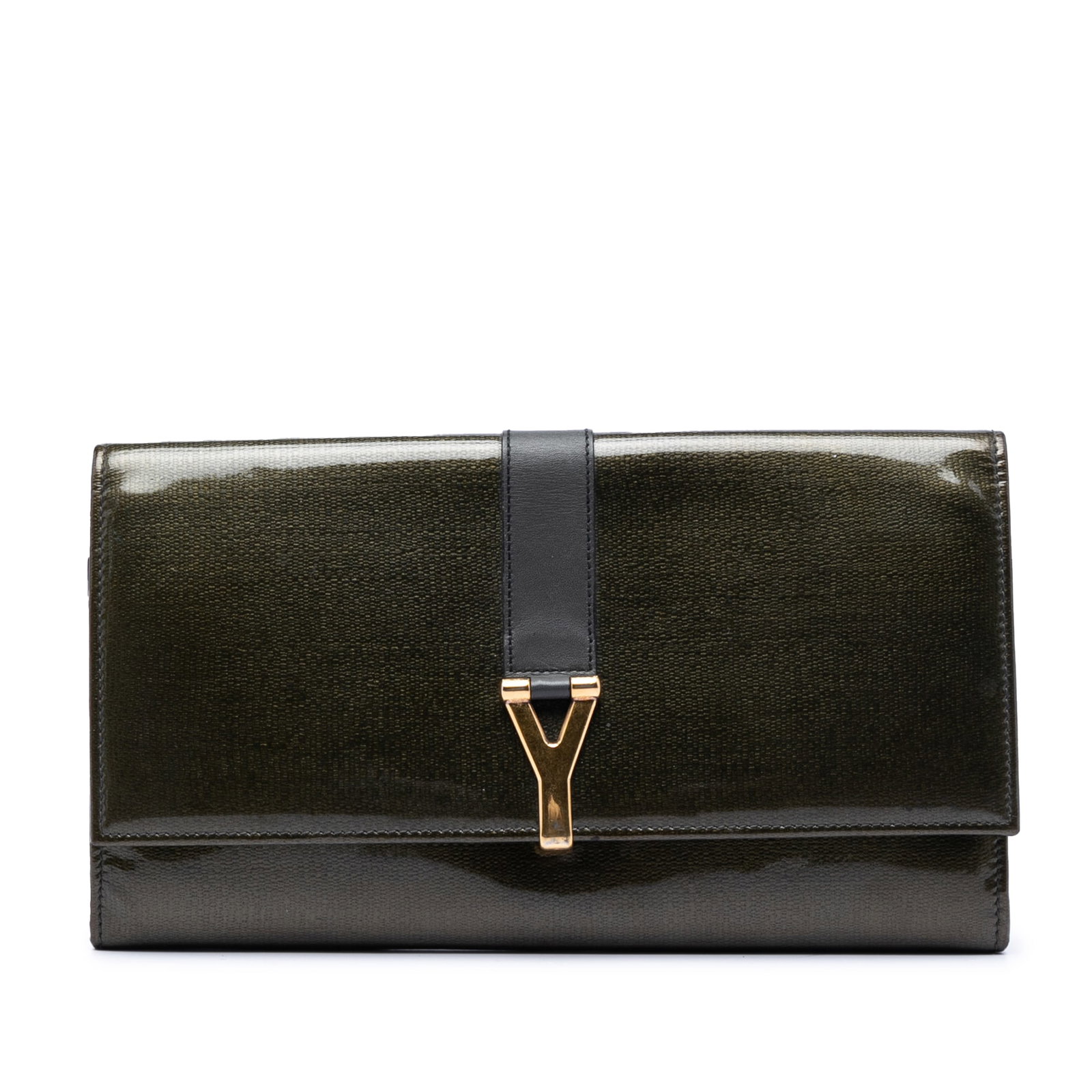 Green Patent Leather Chyc Ligne Travel Wallet by Saint Laurent: Green Patent Leather Chyc Ligne Travel Wallet by Saint Laurent This Saint Laurent Patent Chyc Ligne Travel Wallet is crafted from glossy patent leather in green and features a front flap with gold-ton