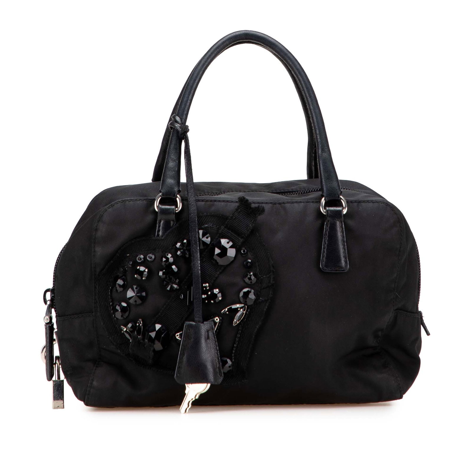Prada Tessuto Heart Nylon Evening Bag: Prada Tessuto Heart Nylon Evening Bag This Prada Tessuto Evening Heart Handbag is crafted from black nylon fabric and features bead accents for added elegance. It is designed with rolled leather strap